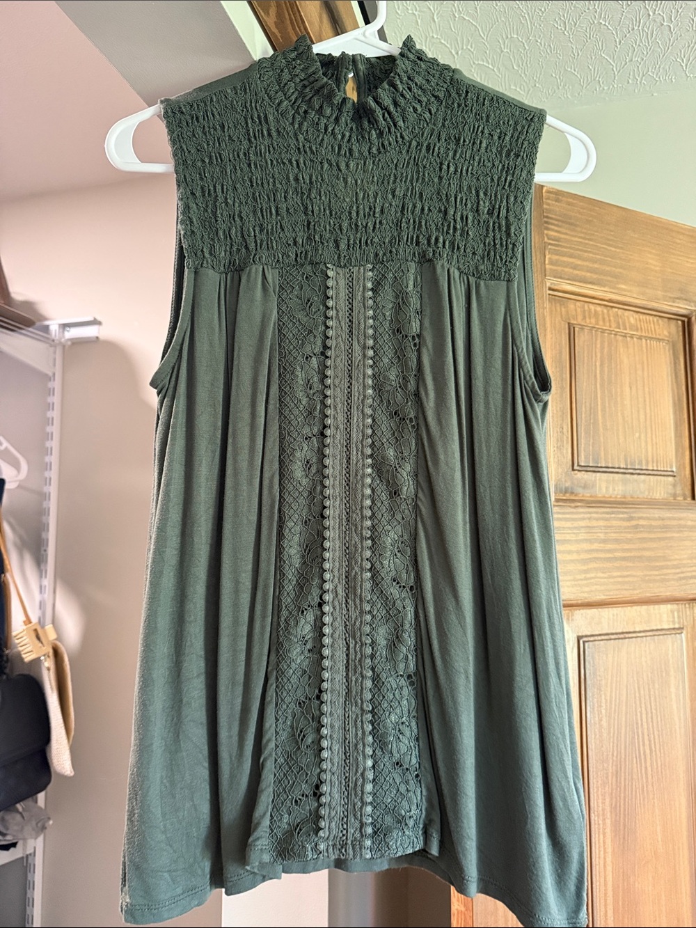 NWOT Sleeveless Smocked Lace Front Women's Top - Olive Green